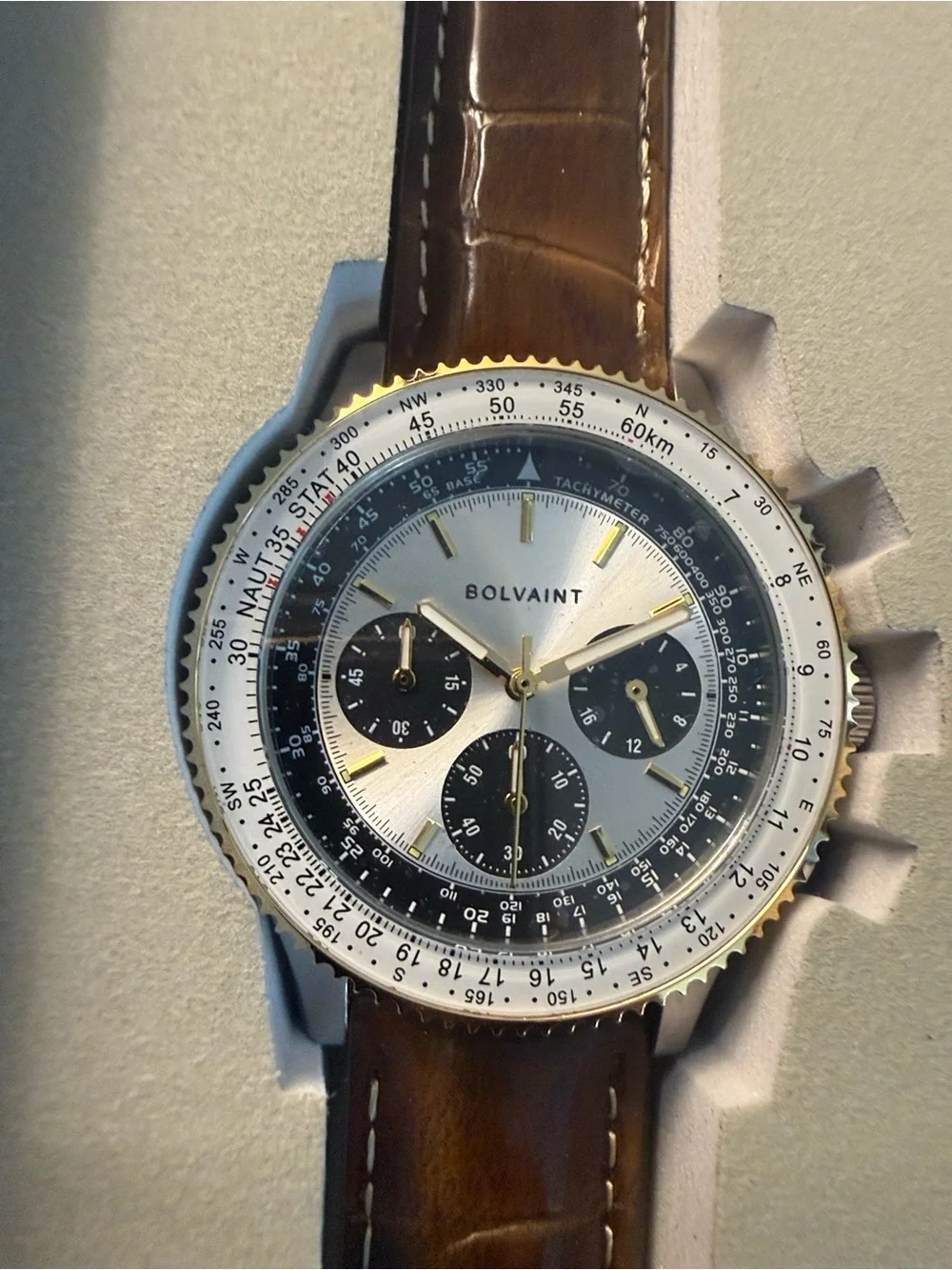 Bolvaint Men's Silver Dial with Brown Leather Strap Chronograph Watch